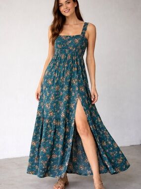 NATURAL LIFE Teal Floral Square-Neck Maxi Dress.